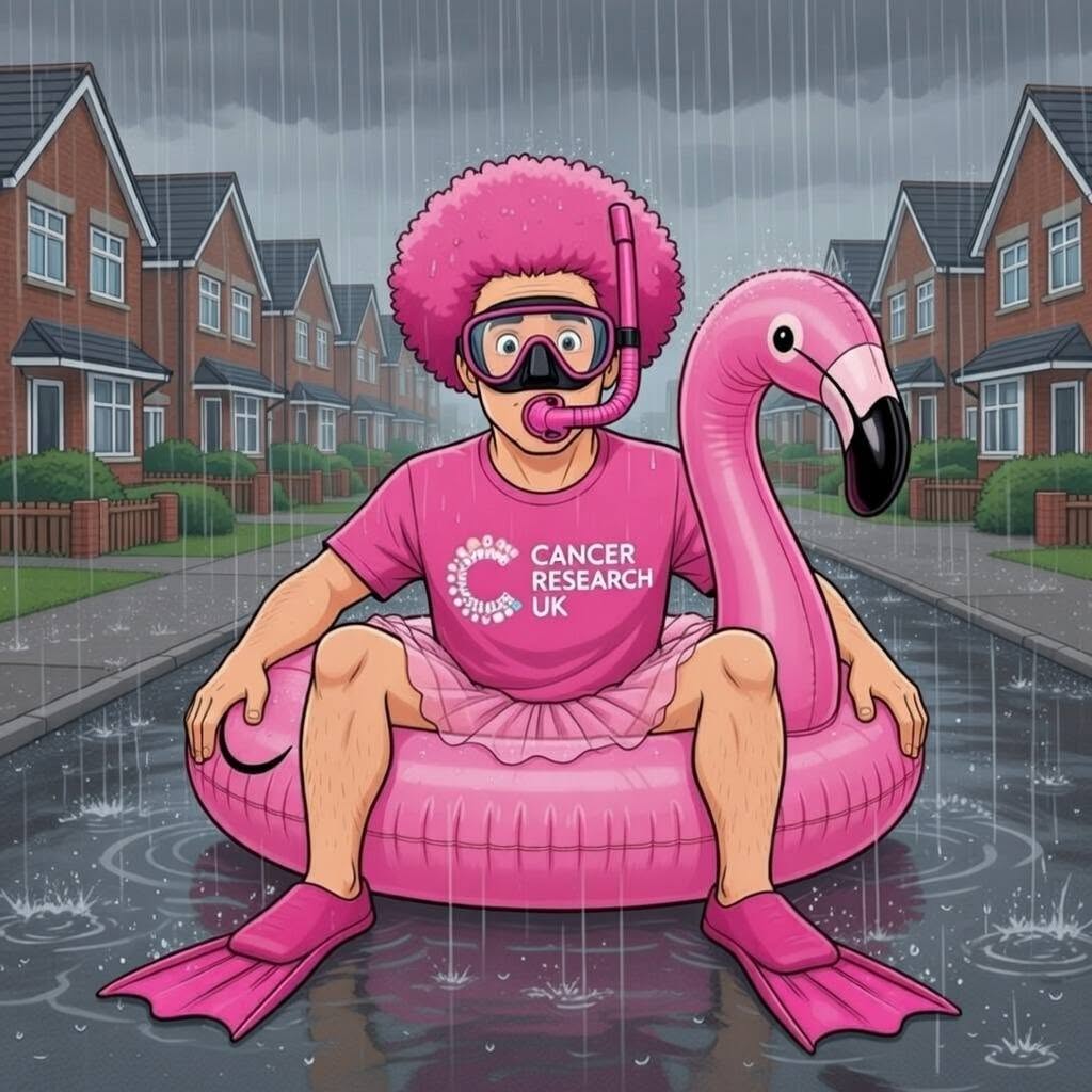 Cartoon of David in the rain, still in full pink